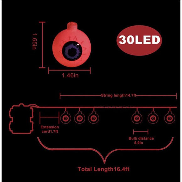 Decor Red Halloween Eyeball String Lights 30 LED Eyeball Waterproof 16.4' X 2 - Picture 4 of 4